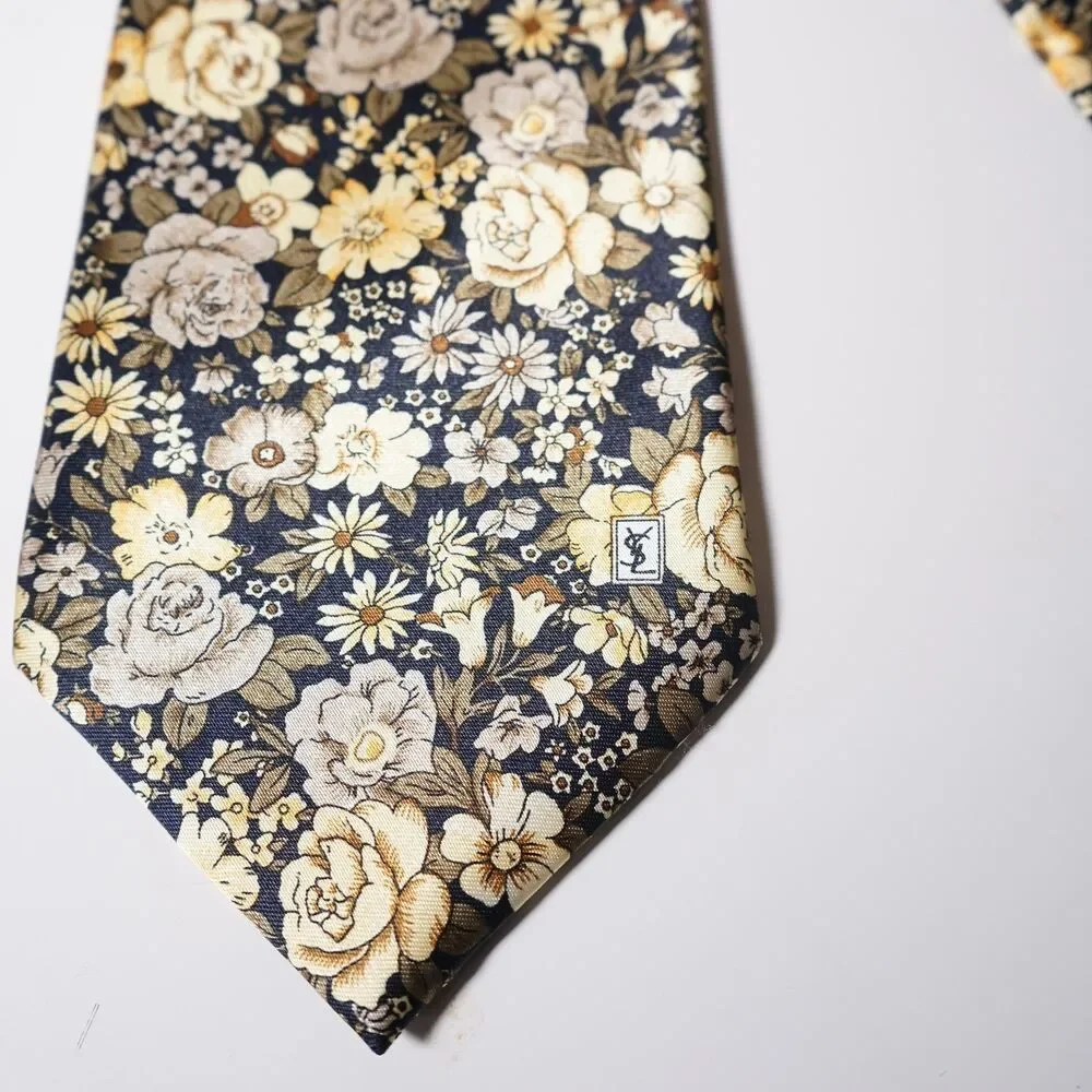 Yves Saint Laurent Tie YSL Monogram Flower Pattern Floral Yellow